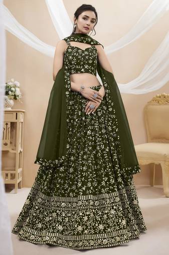 olive net embroidered traditional lehenga choli