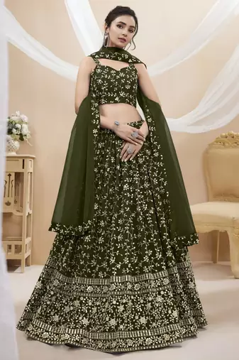 olive net embroidered traditional lehenga choli