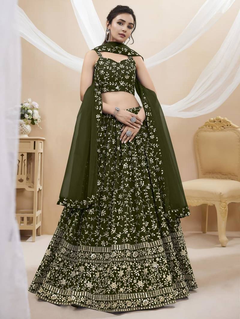 olive net embroidered traditional lehenga choli