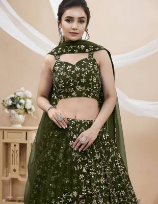 olive net embroidered traditional lehenga choli 2