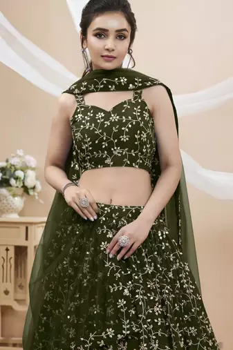 olive net embroidered traditional lehenga choli