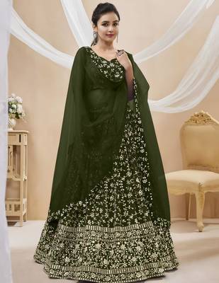 olive net embroidered traditional lehenga choli 3