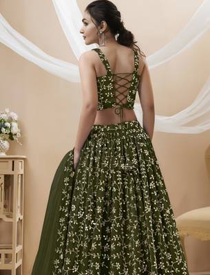 olive net embroidered traditional lehenga choli 4