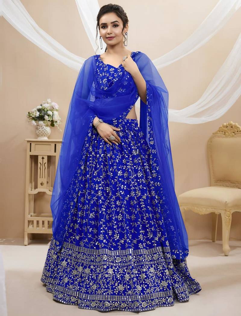 blue net embroidered traditional lehenga choli