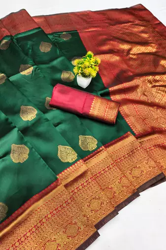 green silk blend banarasi saree with blouse 