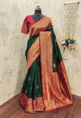 green silk blend banarasi saree with blouse  8