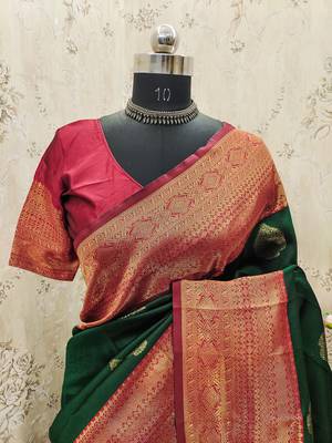 green silk blend banarasi saree with blouse  9