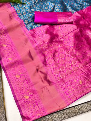 skyblue pink silk blend banarasi saree with unstitched blouse piece 7