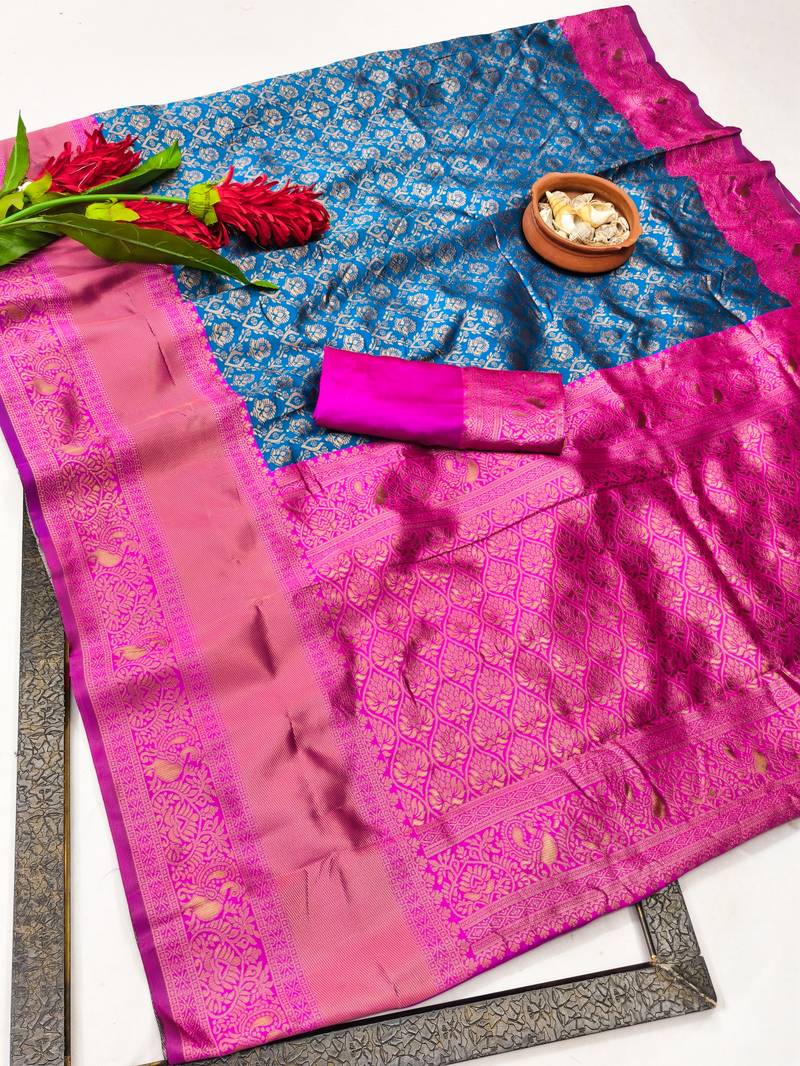skyblue pink silk blend banarasi saree with unstitched blouse piece