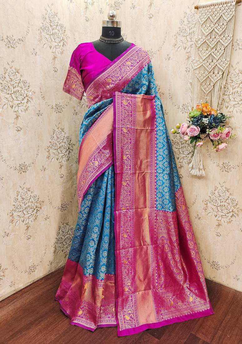 skyblue pink silk blend banarasi saree with unstitched blouse piece