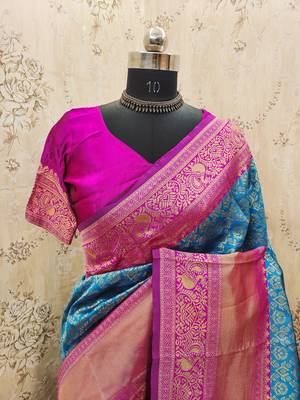 skyblue pink silk blend banarasi saree with unstitched blouse piece 10