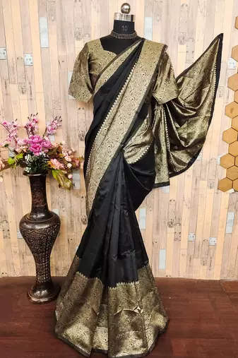 black silk blend banarasi saree with unstitched blouse piece