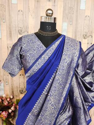 Royal blue silk blend banarasi saree with unstitched blouse piece 5