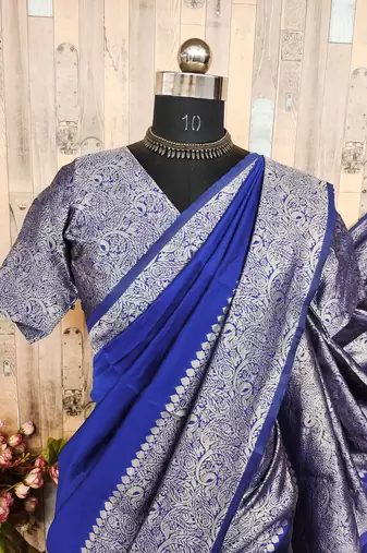 Royal blue silk blend banarasi saree with unstitched blouse piece