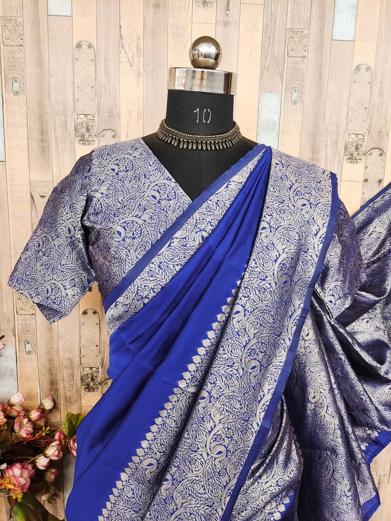 Royal blue silk blend banarasi saree with unstitched blouse piece