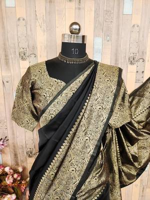 black silk blend banarasi saree with unstitched blouse piece 7
