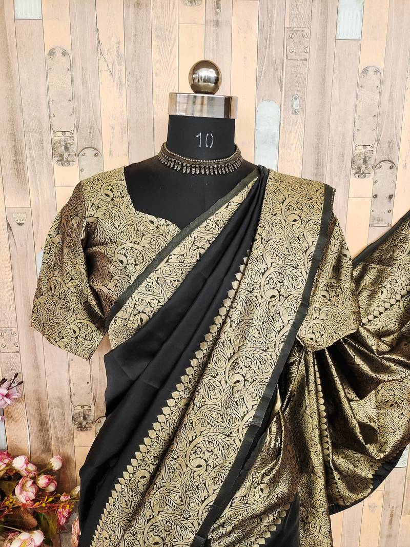 black silk blend banarasi saree with unstitched blouse piece