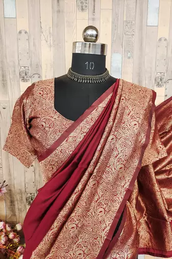 maroon silk blend banarasi saree with unstitched blouse piece
