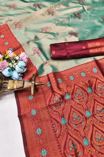 Red rama silk blend saree with unstitched blouse piece