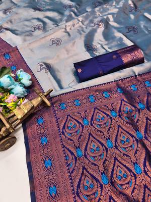 Blue rama silk blend saree with unstitched blouse piece 5