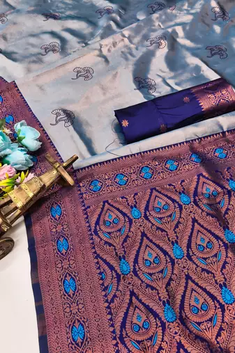 Blue rama silk blend saree with unstitched blouse piece