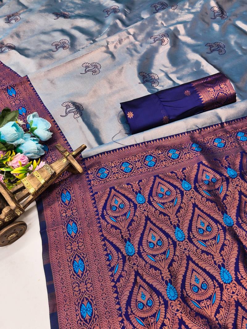 Blue rama silk blend saree with unstitched blouse piece