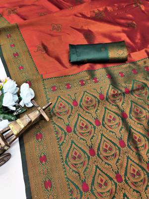 Green orange silk blend saree with unstitched blouse piece 5