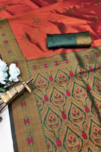 Green orange silk blend saree with unstitched blouse piece