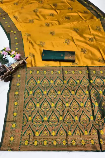Green gold silk blend saree with unstitched blouse piece