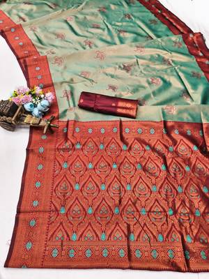 Red rama silk blend saree with unstitched blouse piece 6