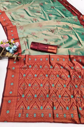 Red rama silk blend saree with unstitched blouse piece