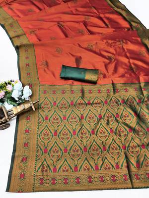 Green orange silk blend saree with unstitched blouse piece 6