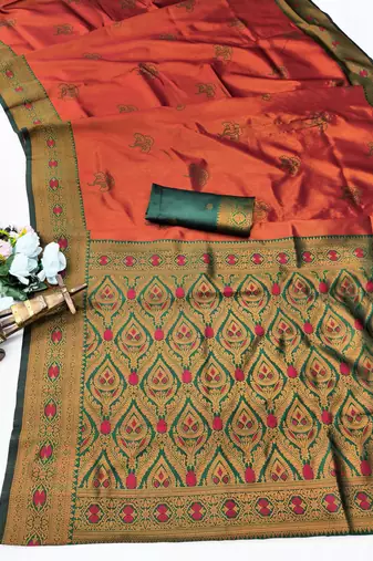 Green orange silk blend saree with unstitched blouse piece