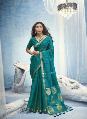 Turquoise pure munga silk blend handloom saree and contrast weaving border with organza pallu 1