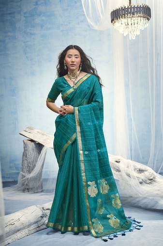 Turquoise pure munga silk blend handloom saree and contrast weaving border with organza pallu