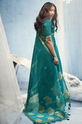 Turquoise pure munga silk blend handloom saree and contrast weaving border with organza pallu