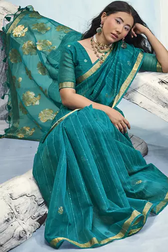 Turquoise pure munga silk blend handloom saree and contrast weaving border with organza pallu
