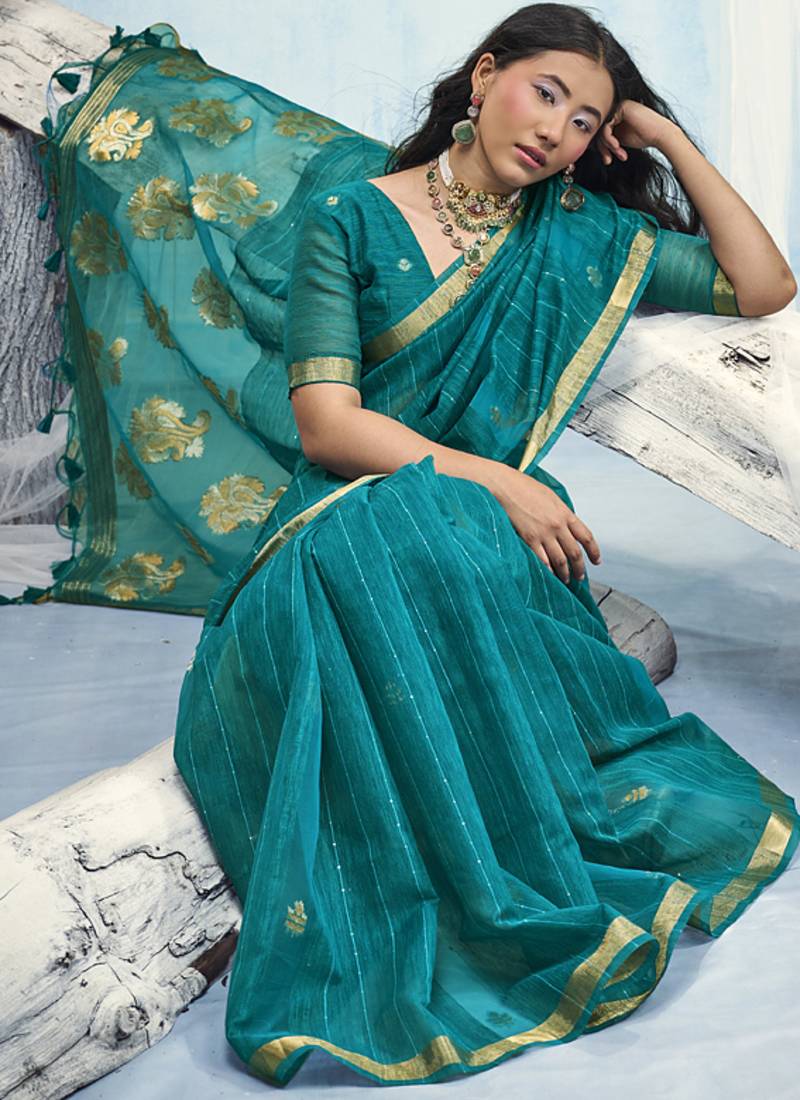 Turquoise pure munga silk blend handloom saree and contrast weaving border with organza pallu