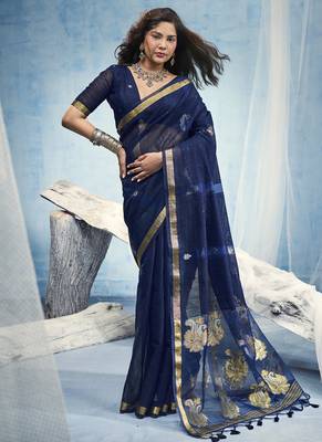 Navy blue pure munga silk blend handloom saree and contrast weaving border with organza pallu 1