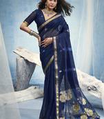 Navy blue pure munga silk blend handloom saree and contrast weaving border with organza pallu
