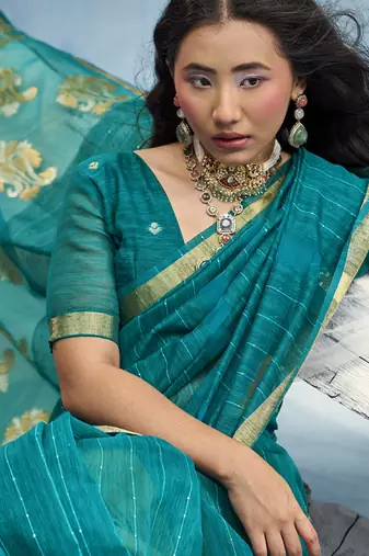 Turquoise pure munga silk blend handloom saree and contrast weaving border with organza pallu