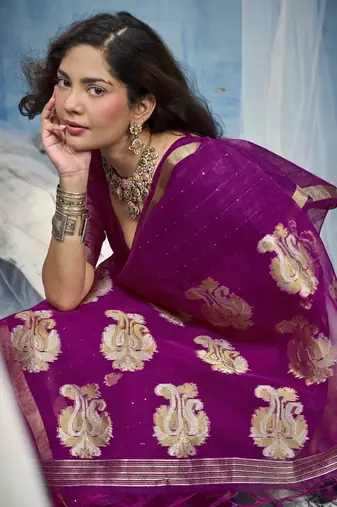 Magenta pure munga silk blend handloom saree and contrast weaving border with organza pallu