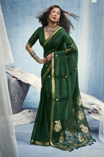 Green pure munga silk blend handloom saree and contrast weaving border with organza pallu