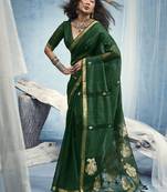 Green pure munga silk blend handloom saree and contrast weaving border with organza pallu