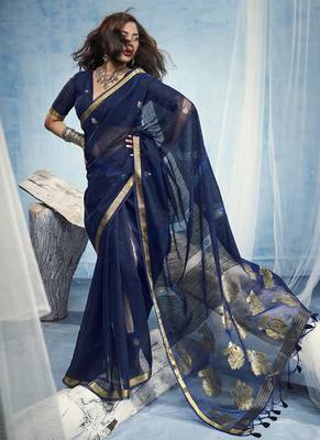 Navy blue pure munga silk blend handloom saree and contrast weaving border with organza pallu 2