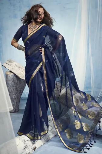 Navy blue pure munga silk blend handloom saree and contrast weaving border with organza pallu
