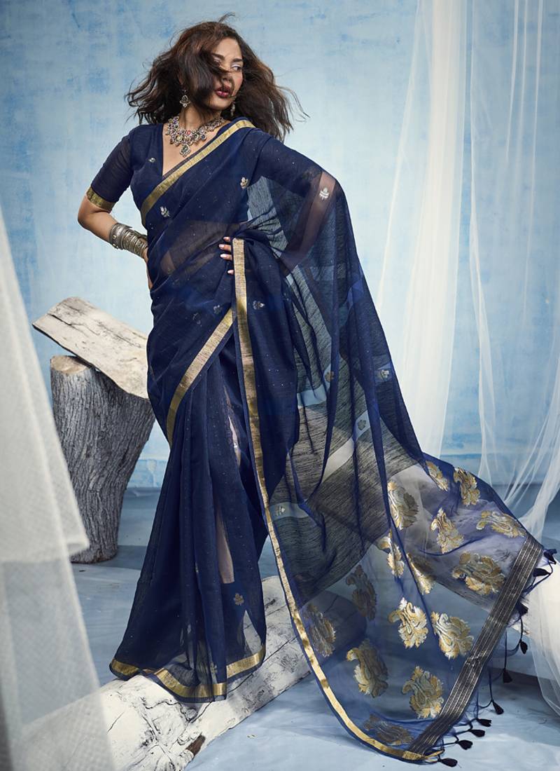 Navy blue pure munga silk blend handloom saree and contrast weaving border with organza pallu