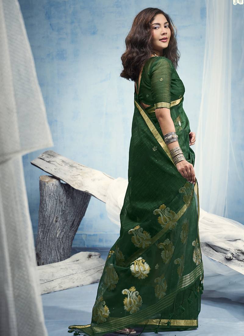Green pure munga silk blend handloom saree and contrast weaving border with organza pallu
