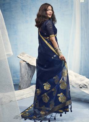 Navy blue pure munga silk blend handloom saree and contrast weaving border with organza pallu 3