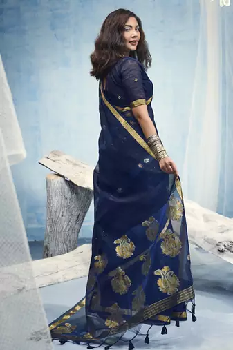 Navy blue pure munga silk blend handloom saree and contrast weaving border with organza pallu